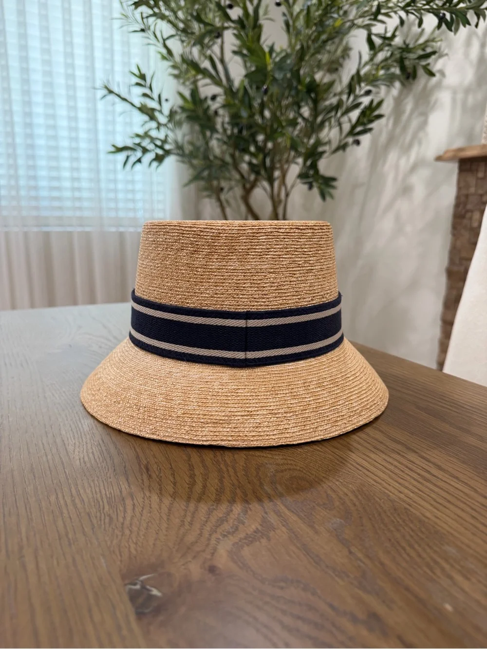Dior Straw Bucket Hat in Natural with Navy Band